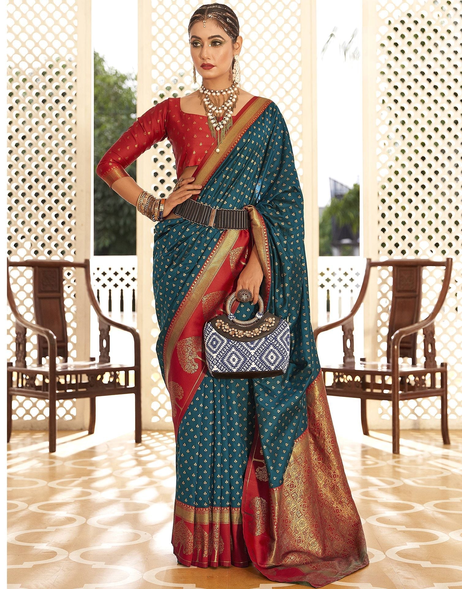 Teal Blue Silk Banarasi Saree | Leemboodi