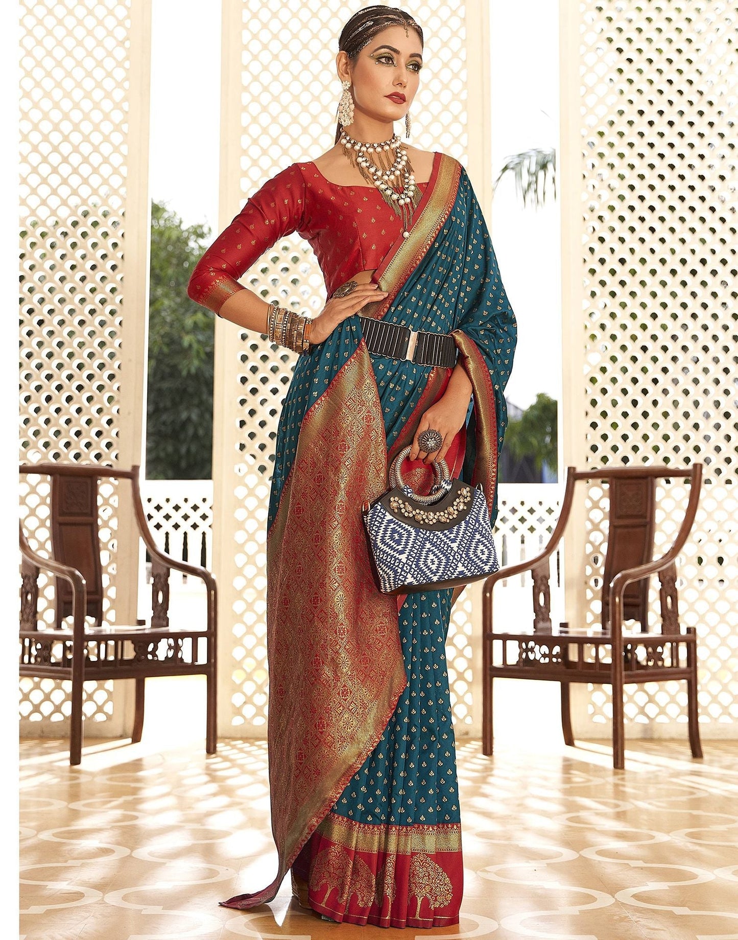 Teal Blue Silk Banarasi Saree | Leemboodi