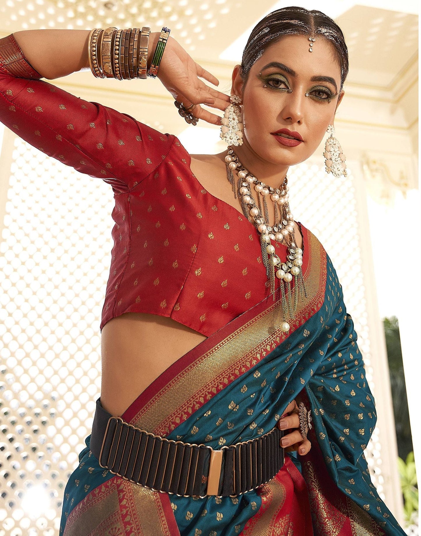 Teal Blue Silk Banarasi Saree | Leemboodi