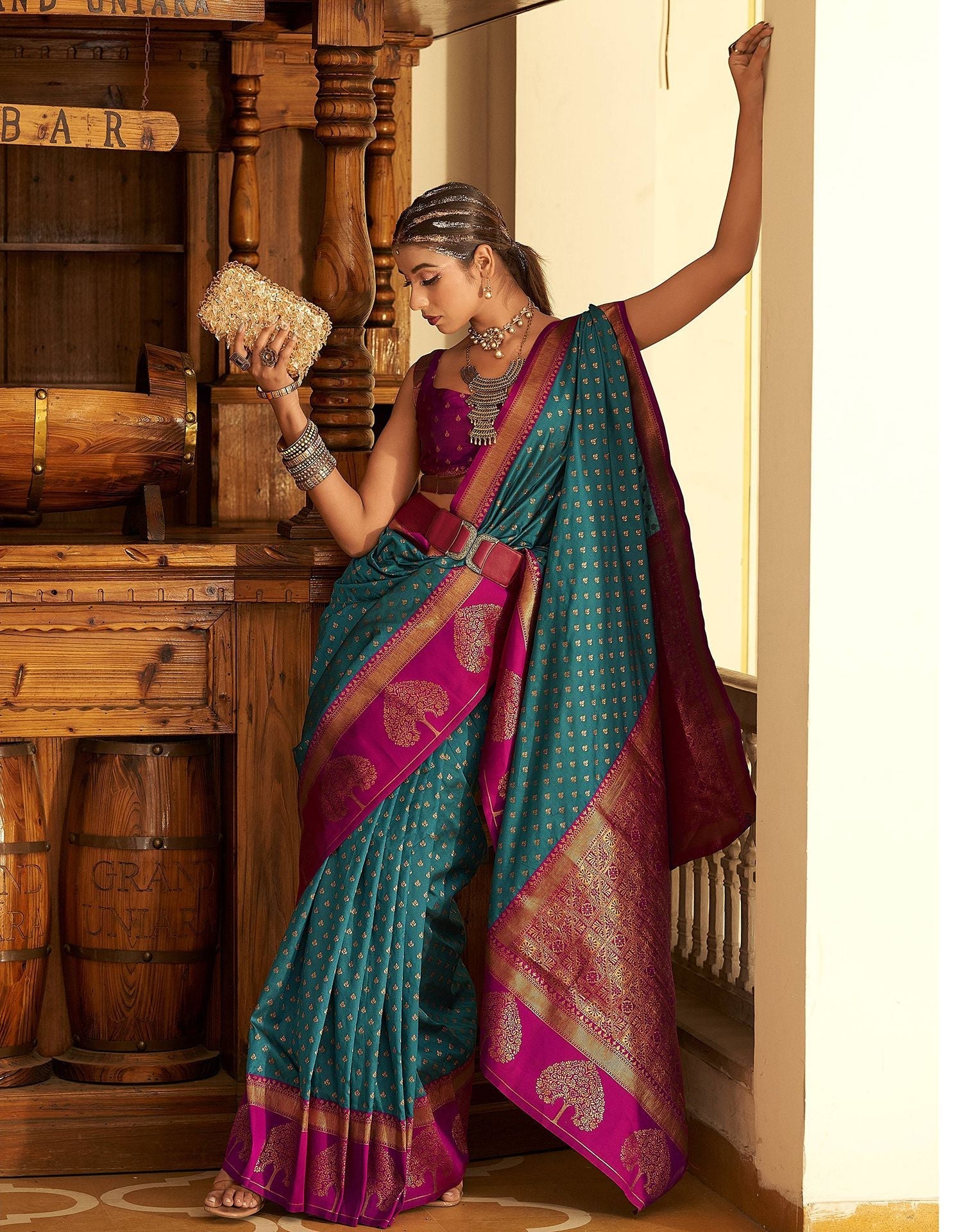 Teal Silk Banarasi Saree | Leemboodi