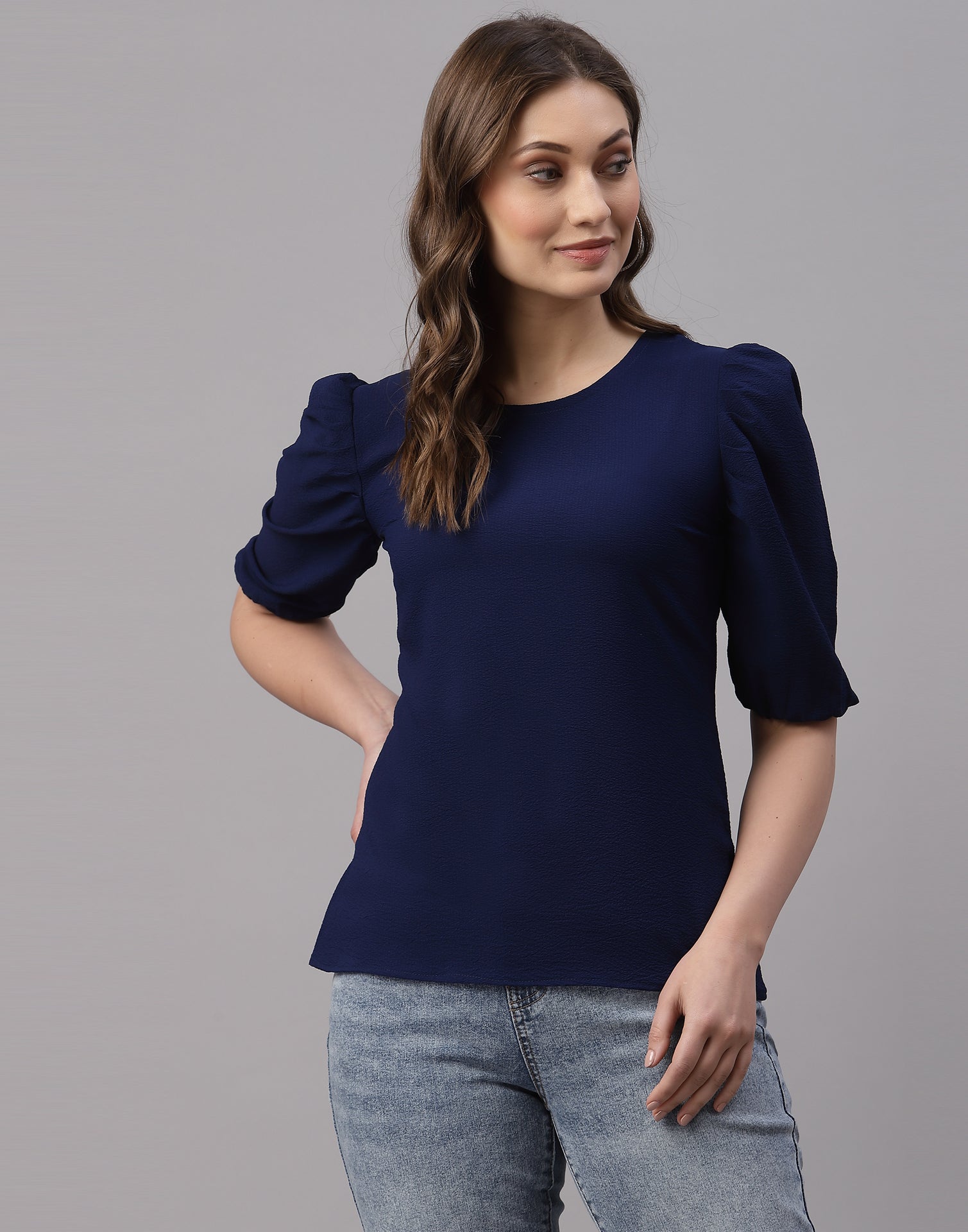 Navy Blue Puff Sleeve Top | Sudathi