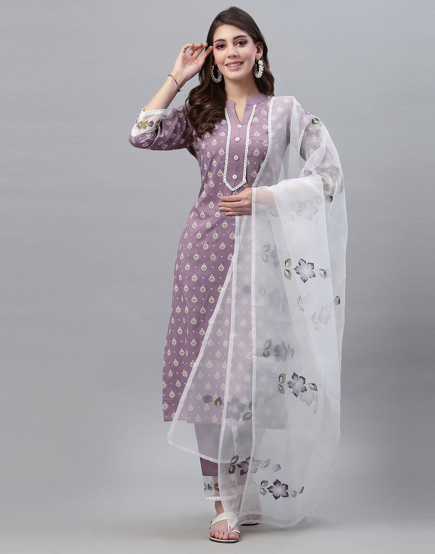 Lavender Printed Kurti With Pant And Dupatta | Leemboodi