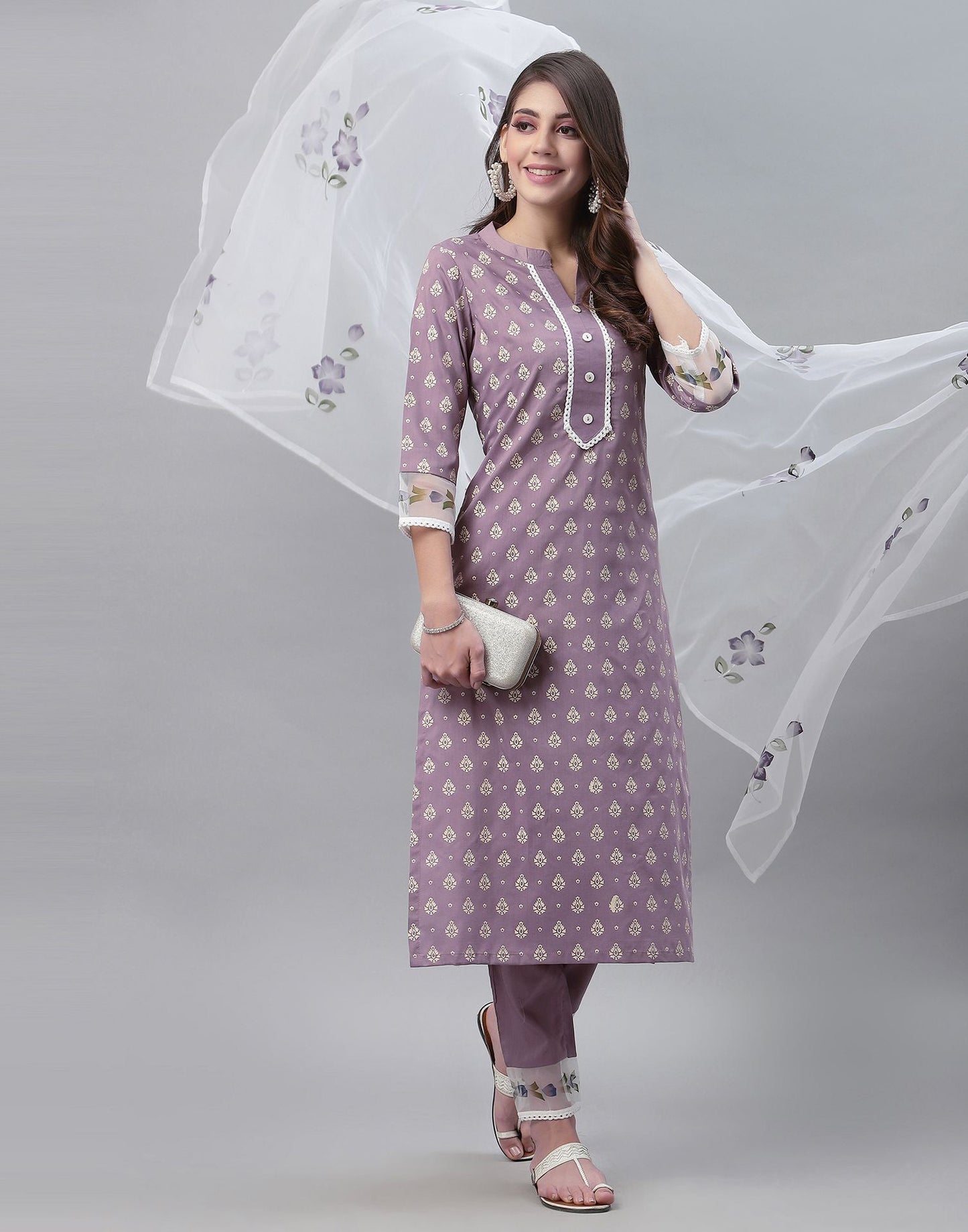 Lavender Printed Kurti With Pant And Dupatta | Leemboodi