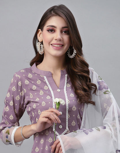 Lavender Printed Kurti With Pant And Dupatta | Leemboodi