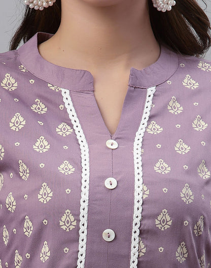 Lavender Printed Kurti With Pant And Dupatta | Leemboodi