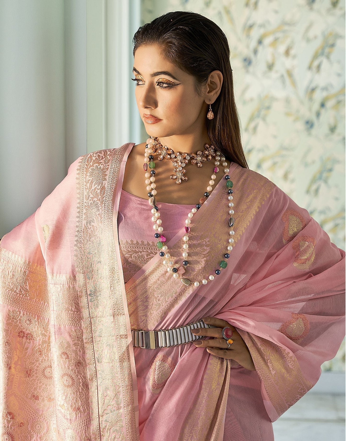 Light Pink Cotton Banarasi Saree | Leemboodi