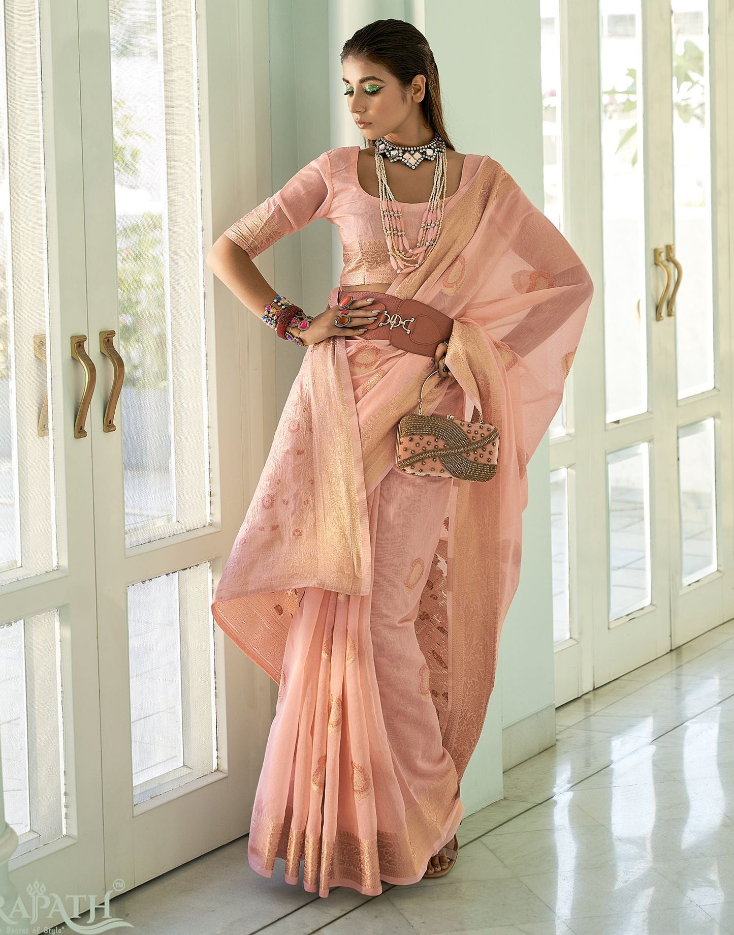 Peach Cotton Banarasi Saree | Leemboodi