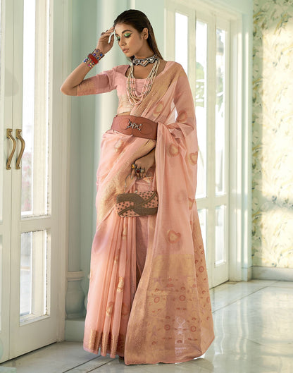 Peach Cotton Banarasi Saree | Leemboodi