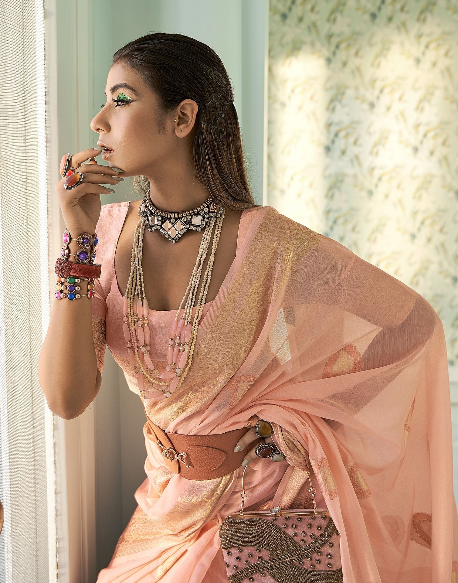 Peach Cotton Banarasi Saree | Leemboodi