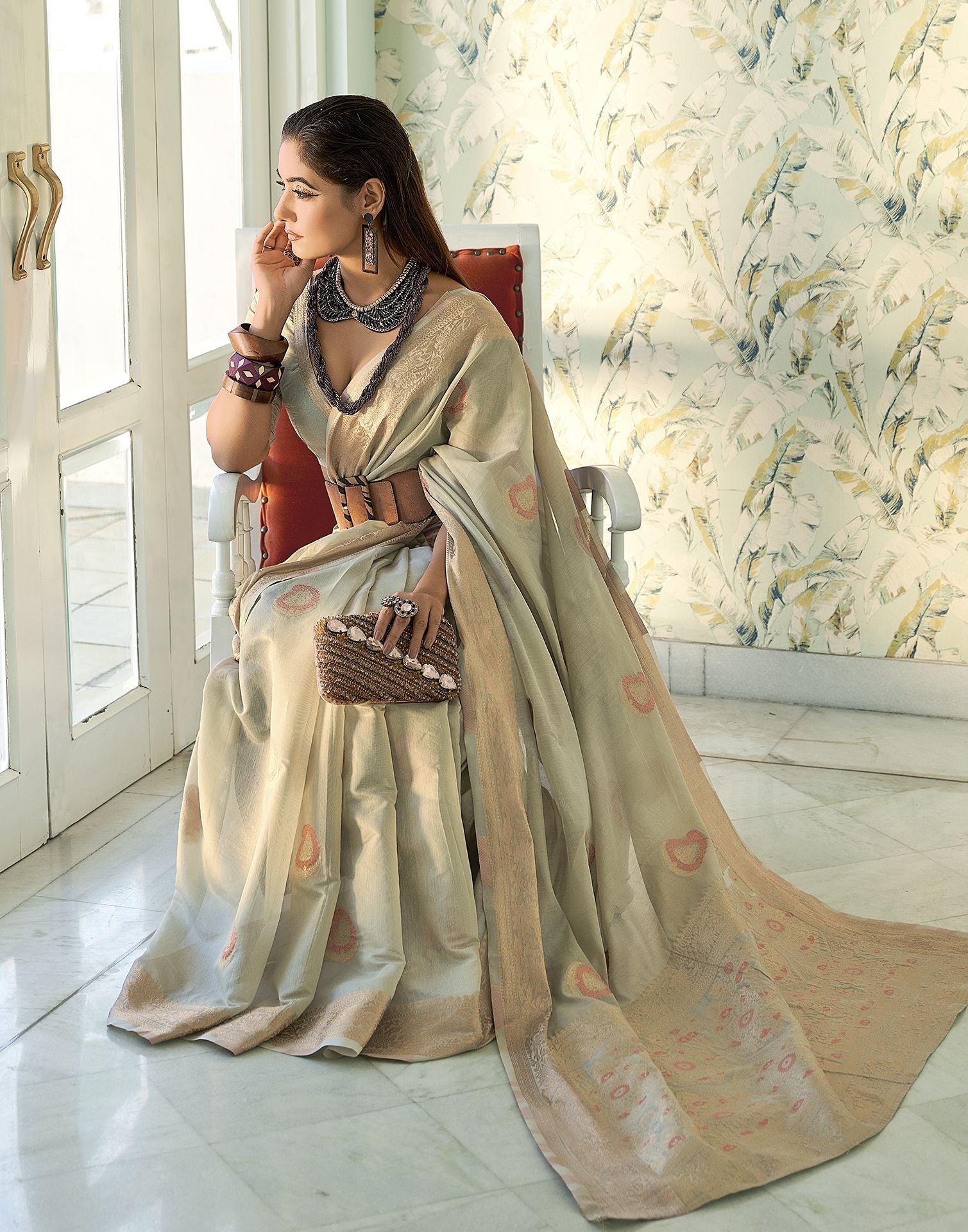 Light Pista Green Cotton Banarasi Saree | Leemboodi