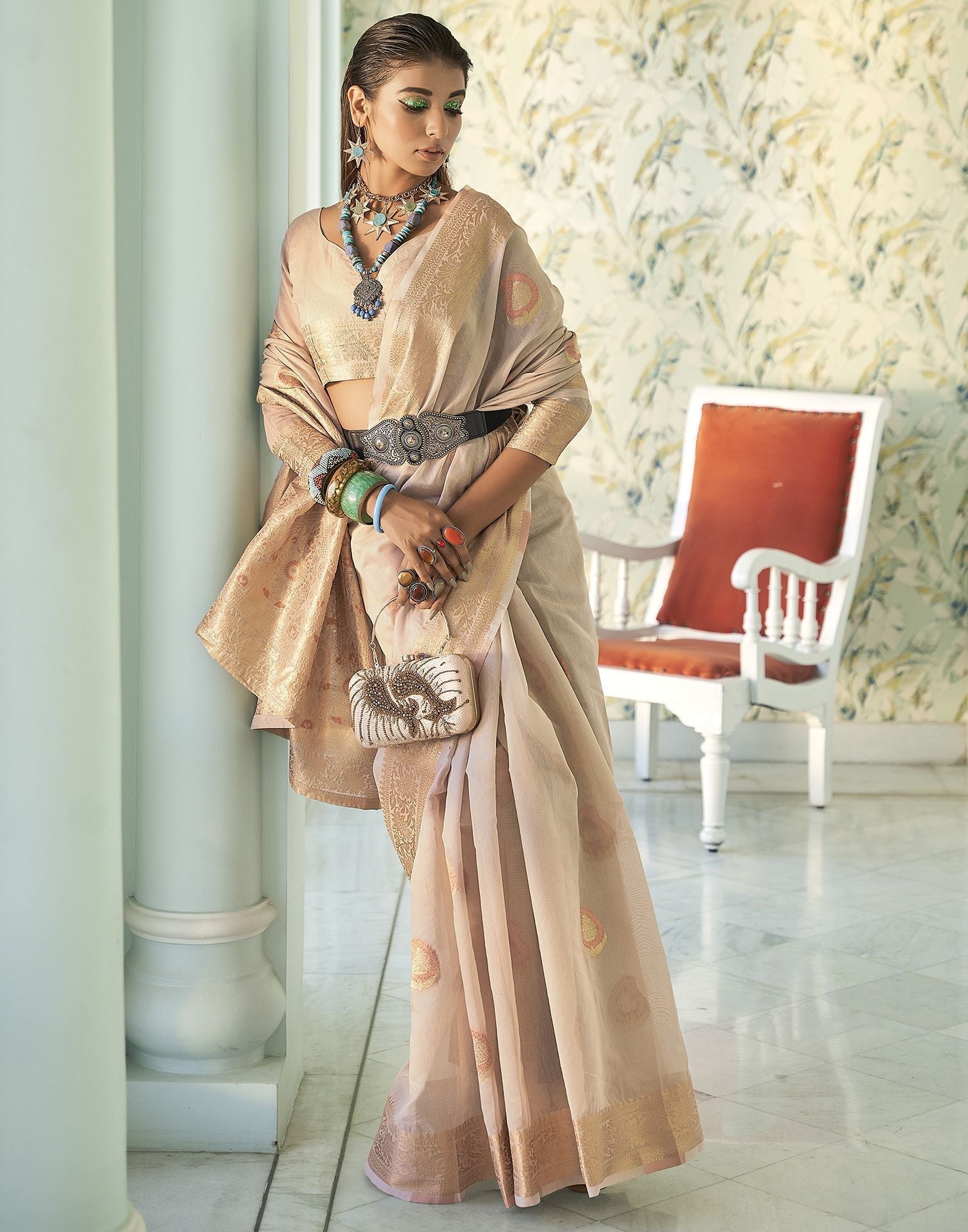 Light Beige Cotton Banarasi Saree | Leemboodi