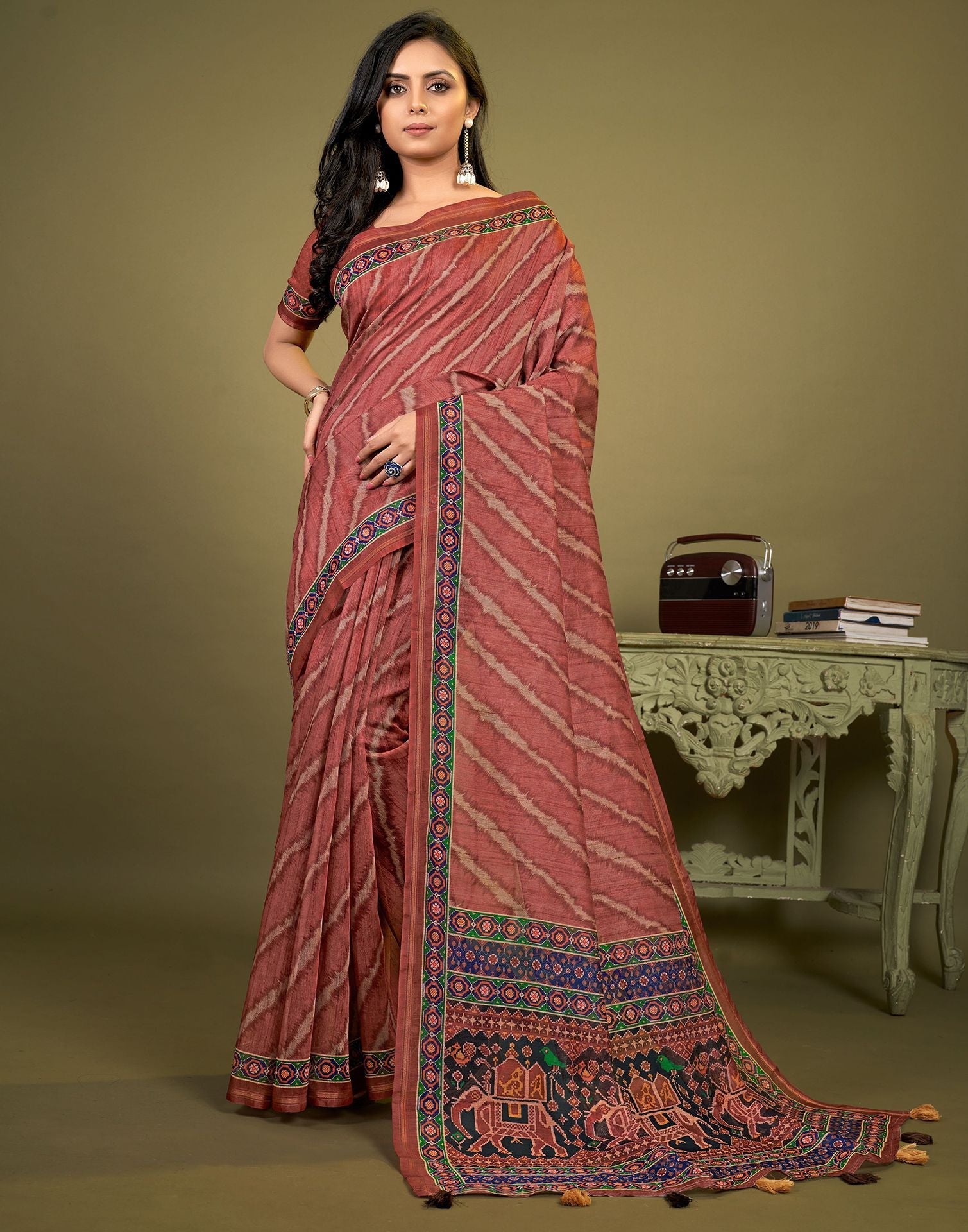 Brown Cotton Digital Printed Saree With Tassel | Leemboodi