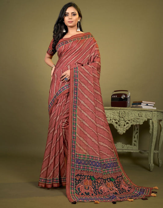 Brown Cotton Digital Printed Saree With Tassel | Leemboodi