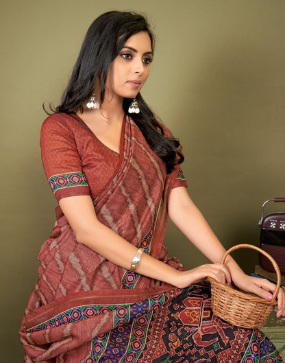 Brown Cotton Digital Printed Saree With Tassel | Leemboodi