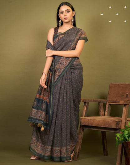 Navy Blue Cotton Digital Printed Saree With Tassel | Leemboodi