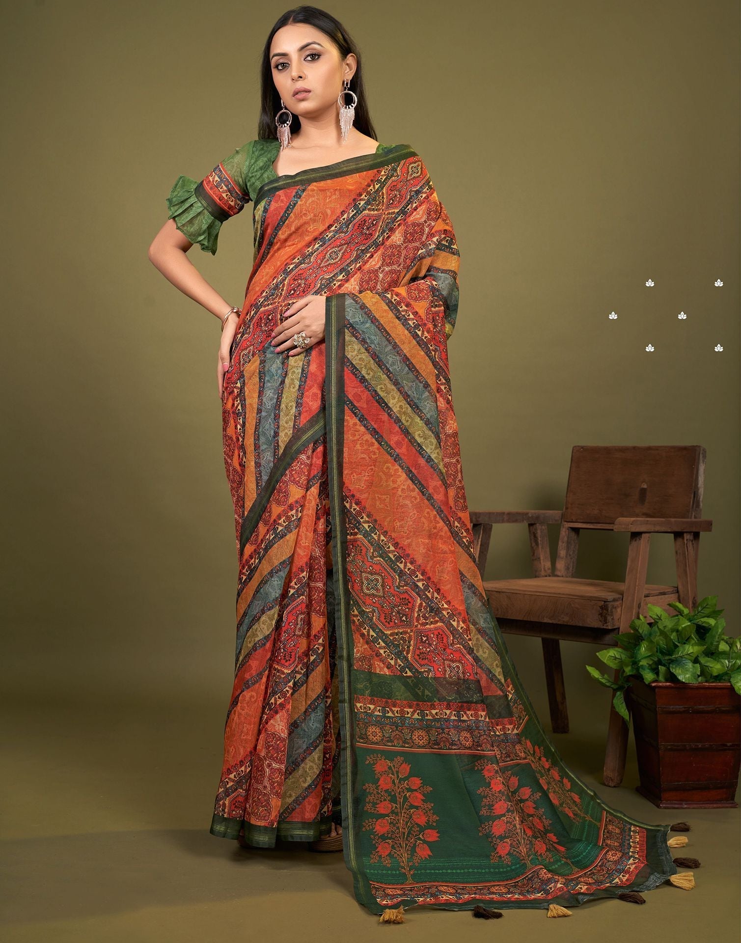 Multicoloured Cotton Digital Printed Saree With Tassel | Leemboodi