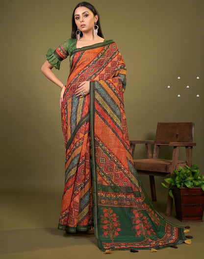 Multicoloured Cotton Digital Printed Saree With Tassel | Leemboodi