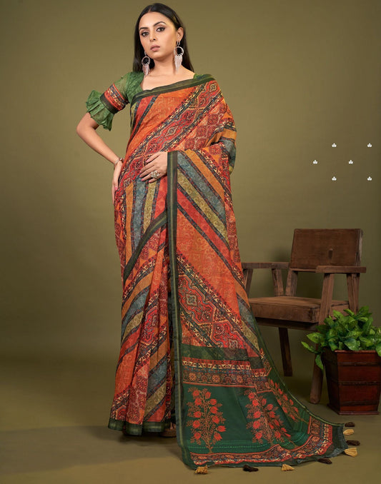 Multicoloured Cotton Digital Printed Saree With Tassel | Leemboodi
