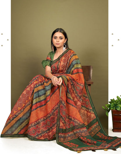 Multicoloured Cotton Digital Printed Saree With Tassel | Leemboodi