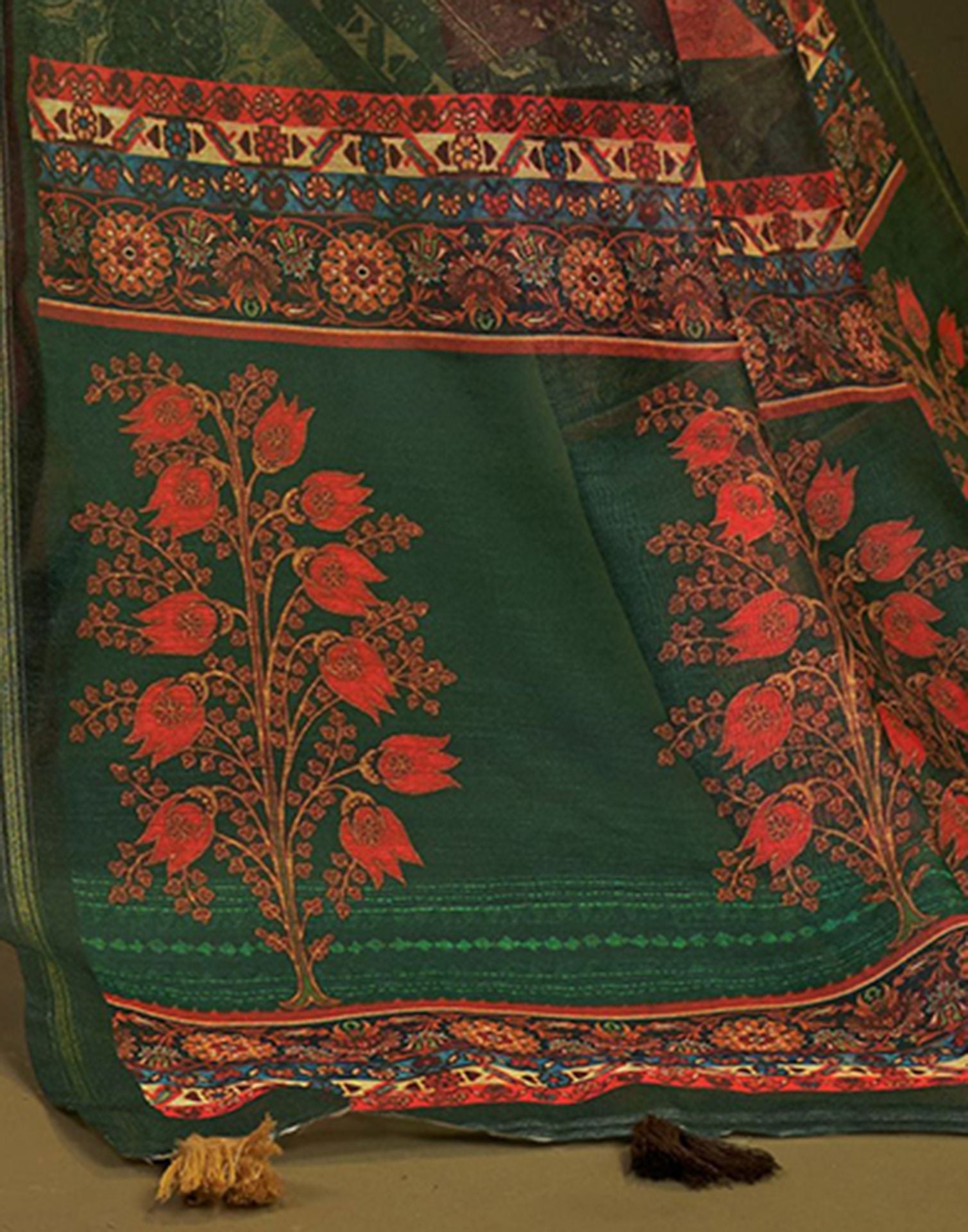 Multicoloured Cotton Digital Printed Saree With Tassel | Leemboodi