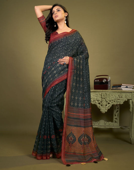 Dark Grey Cotton Digital Printed Saree With Tassel | Leemboodi