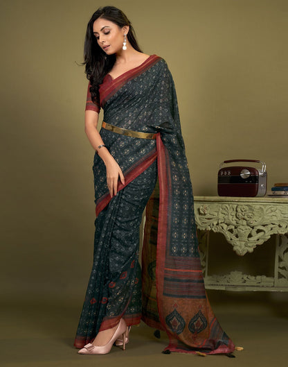 Dark Grey Cotton Digital Printed Saree With Tassel | Leemboodi