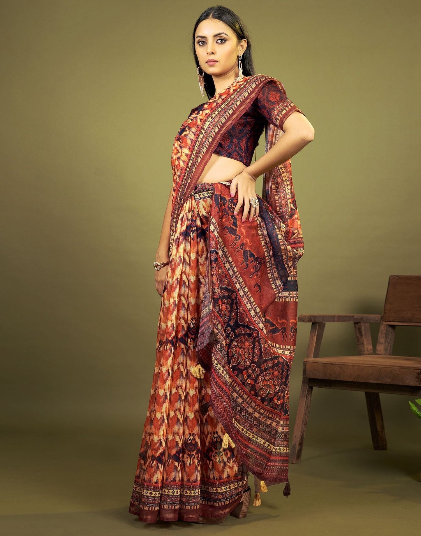 Multicoloured Cotton Digital Printed Saree With Tassel | Leemboodi