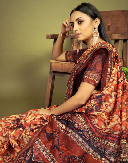 Multicoloured Cotton Digital Printed Saree With Tassel | Leemboodi