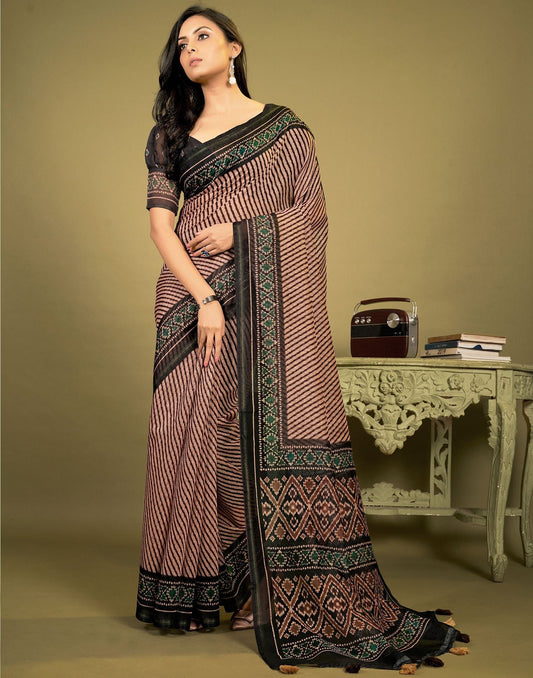 Peach Cotton Digital Printed Saree With Tassel | Leemboodi