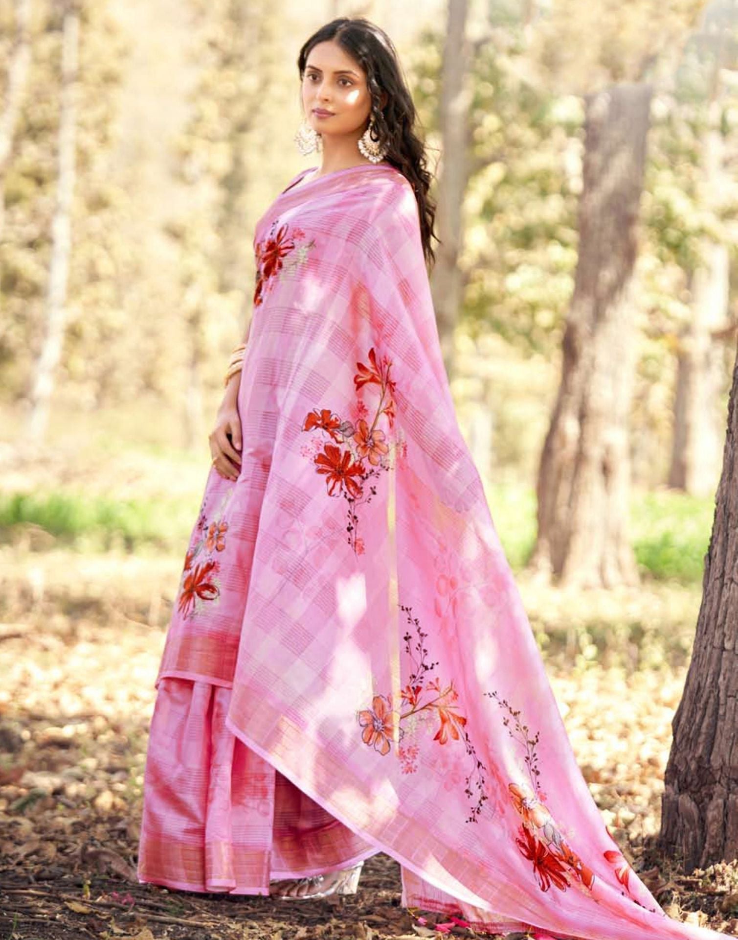 Pink Cotton Digital Printed & Self Woven Saree With Tassel | Leemboodi