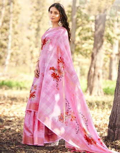 Pink Cotton Digital Printed & Self Woven Saree With Tassel | Leemboodi