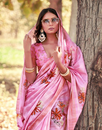 Pink Cotton Digital Printed & Self Woven Saree With Tassel | Leemboodi