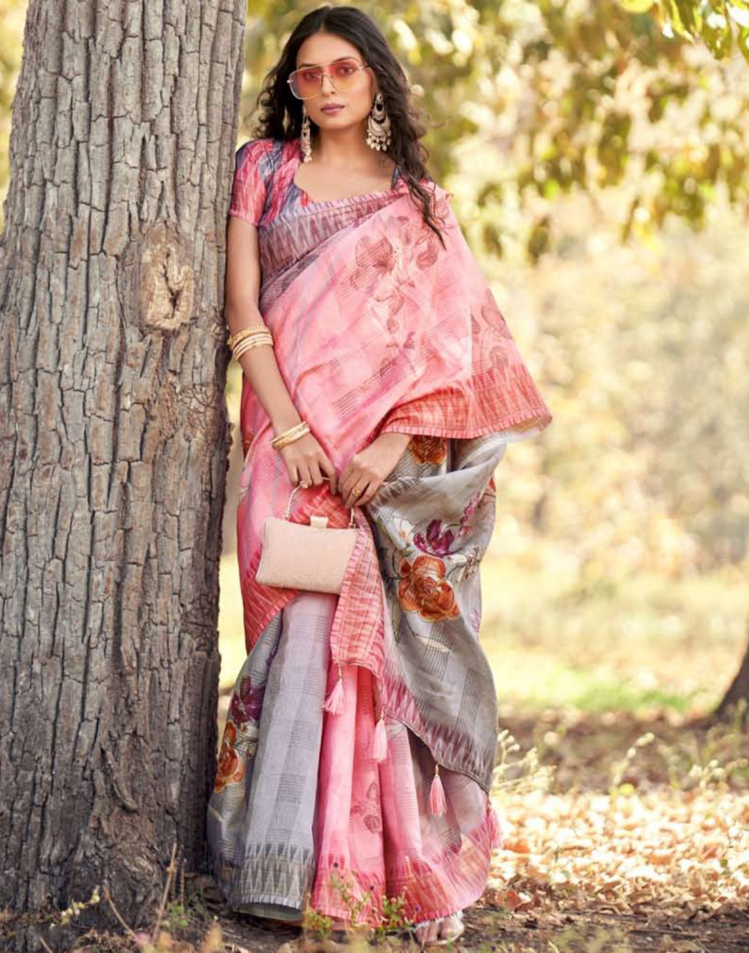 Pink Cotton Digital Printed & Self Woven Saree With Tassel | Leemboodi
