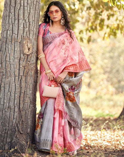 Pink Cotton Digital Printed & Self Woven Saree With Tassel | Leemboodi