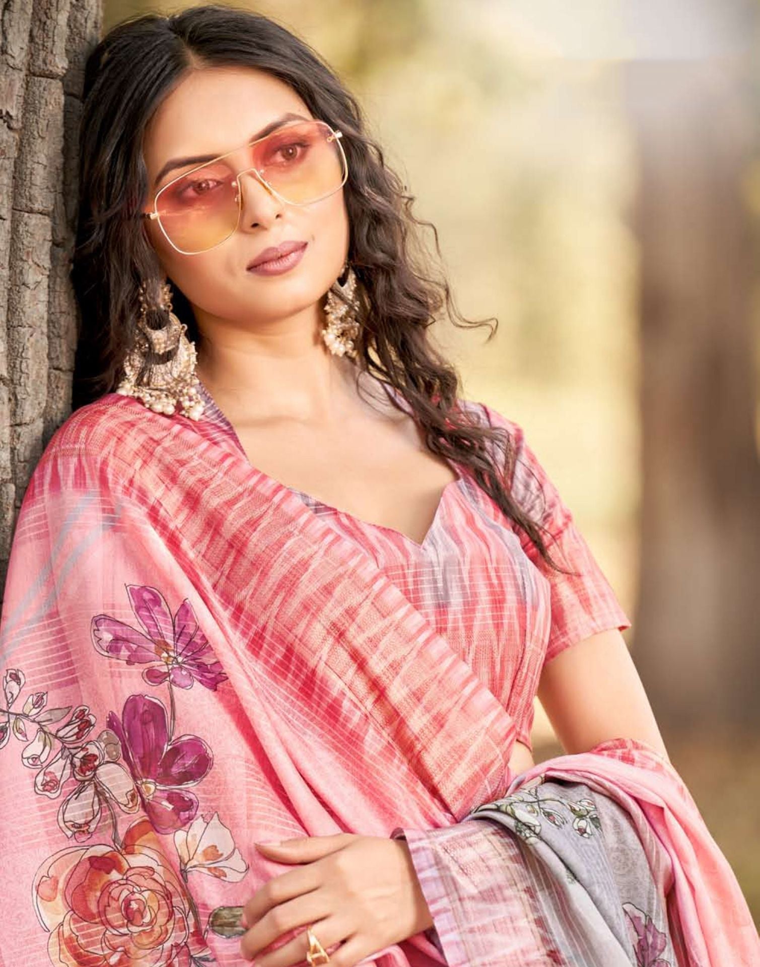 Pink Cotton Digital Printed & Self Woven Saree With Tassel | Leemboodi