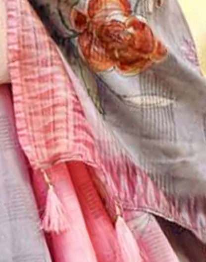 Pink Cotton Digital Printed & Self Woven Saree With Tassel | Leemboodi