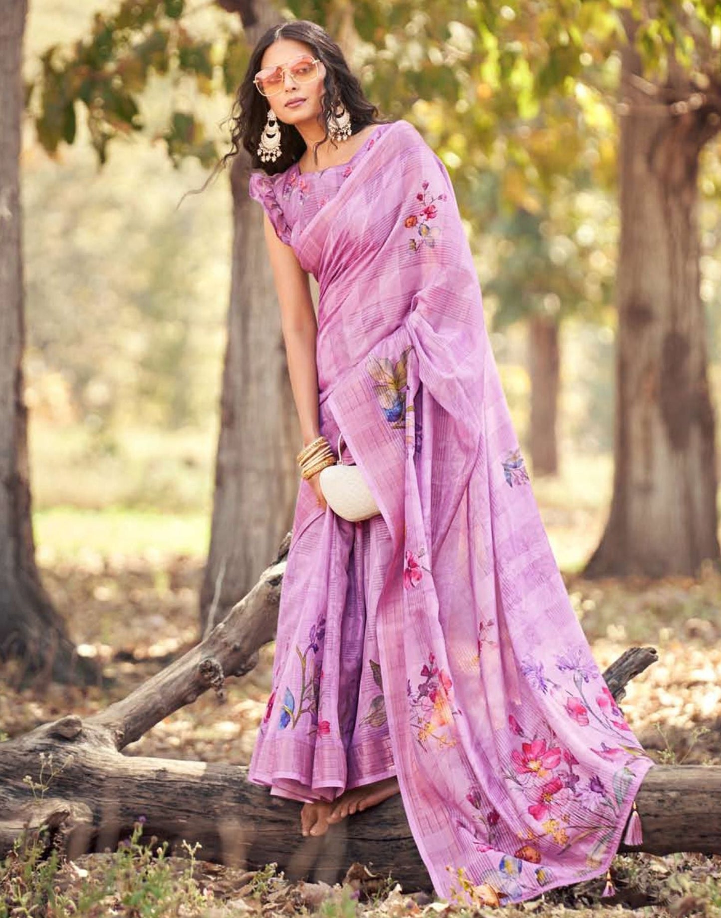 Purple Cotton Digital Printed & Self Woven Saree With Tassel | Leemboodi