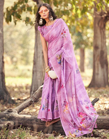 Purple Cotton Digital Printed & Self Woven Saree With Tassel | Leemboodi