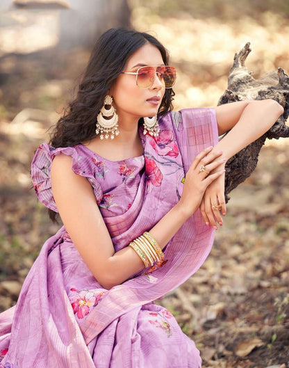 Purple Cotton Digital Printed & Self Woven Saree With Tassel | Leemboodi