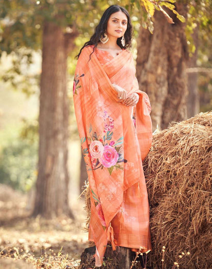 Light Orange Cotton Digital Printed & Self Woven Saree With Tassel | Leemboodi