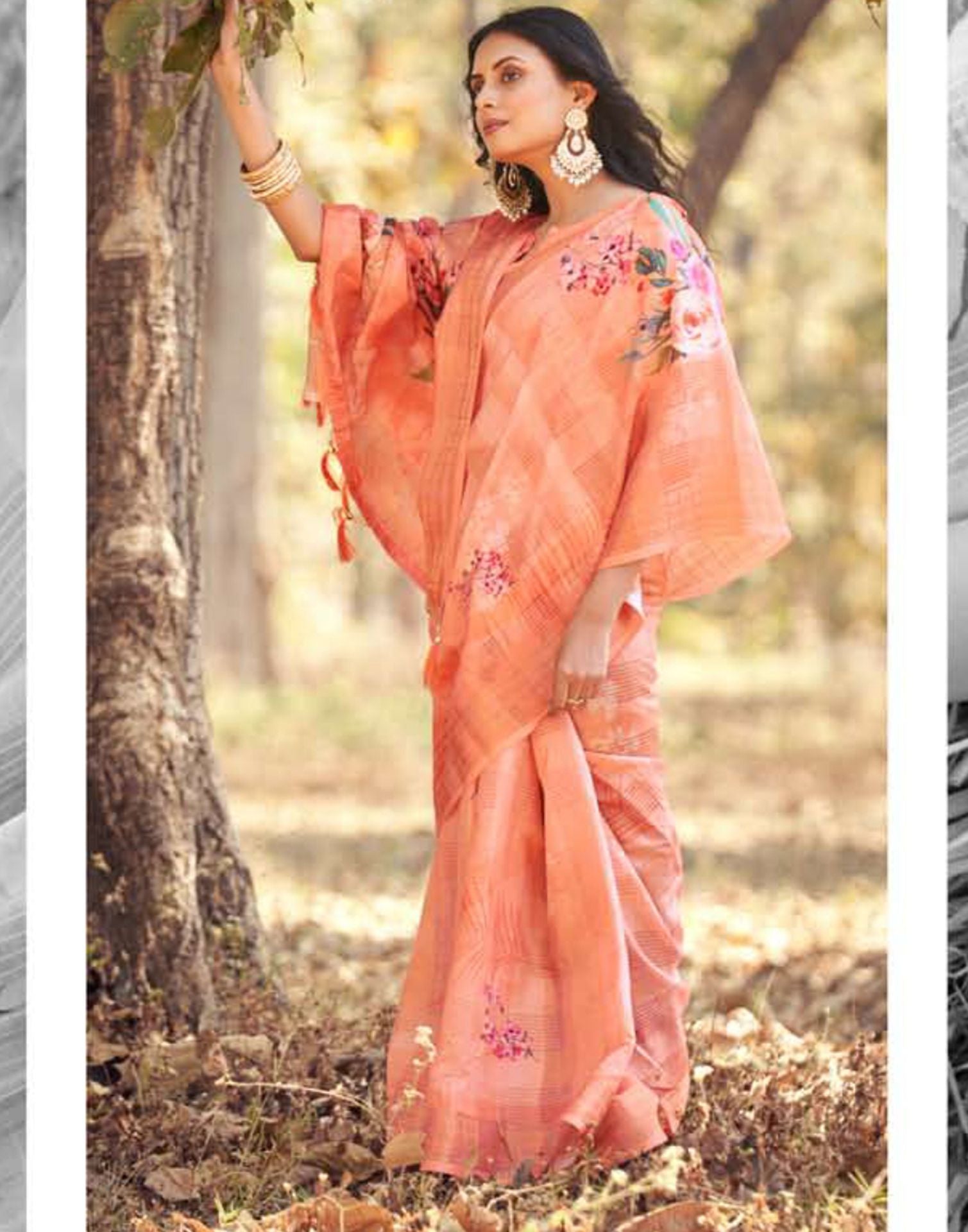 Light Orange Cotton Digital Printed & Self Woven Saree With Tassel | Leemboodi