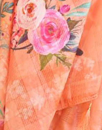 Light Orange Cotton Digital Printed & Self Woven Saree With Tassel | Leemboodi