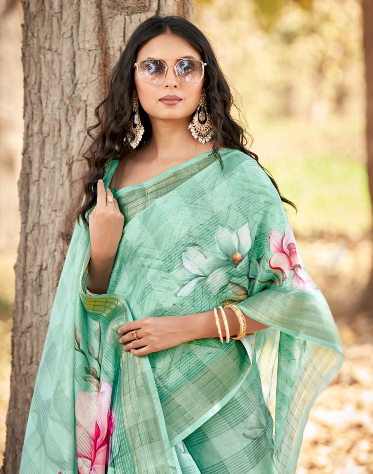 Light Green Cotton Digital Printed & Self Woven Saree With Tassel | Leemboodi
