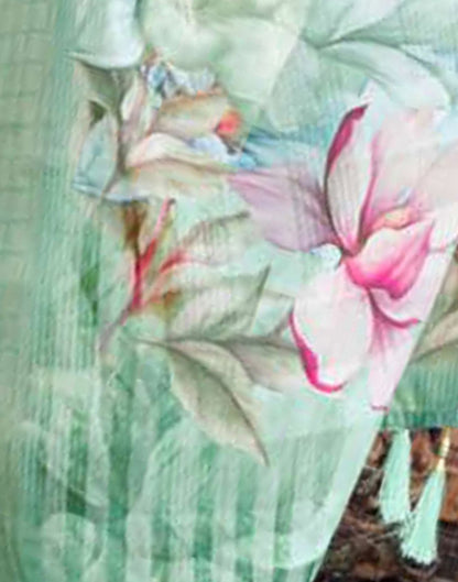 Light Green Cotton Digital Printed & Self Woven Saree With Tassel | Leemboodi