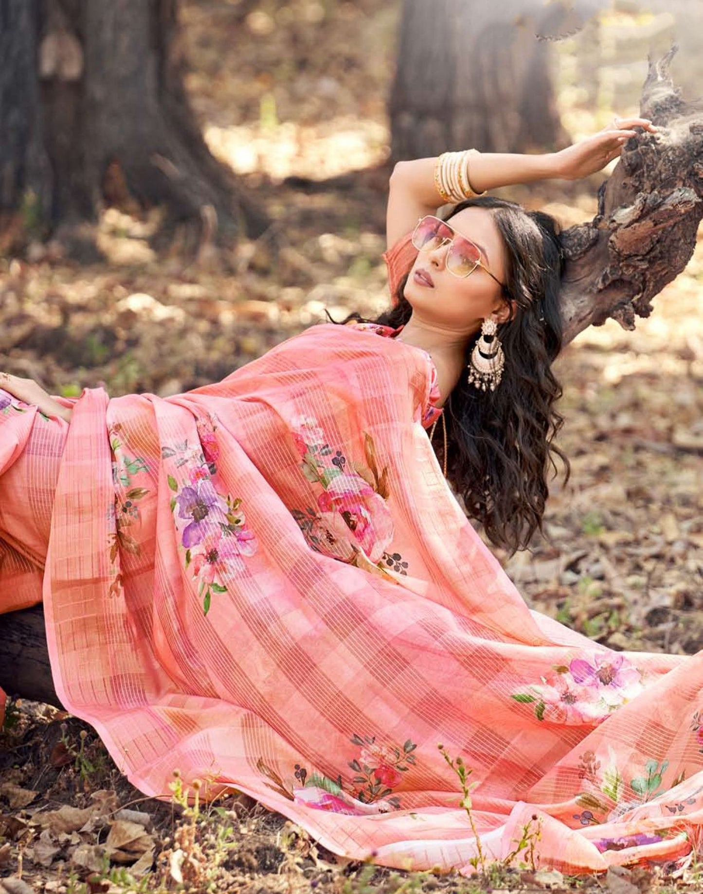 Peach Cotton Digital Printed & Self Woven Saree With Tassel | Leemboodi