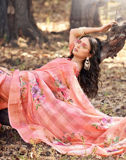 Peach Cotton Digital Printed & Self Woven Saree With Tassel | Leemboodi