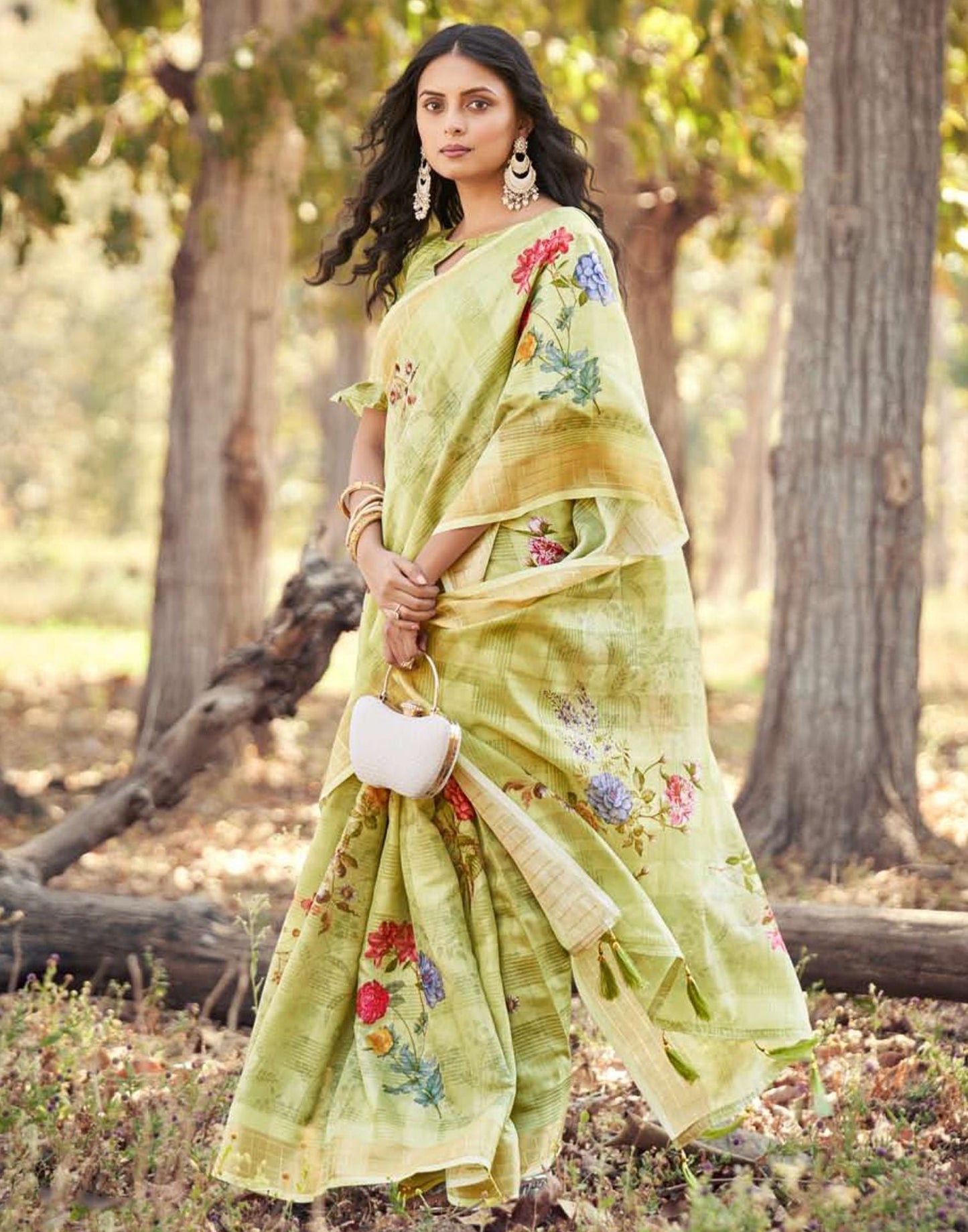 Green Cotton Digital Printed & Self Woven Saree With Tassel | Leemboodi