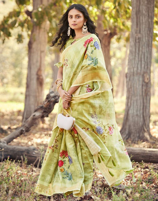 Green Cotton Digital Printed & Self Woven Saree With Tassel | Leemboodi