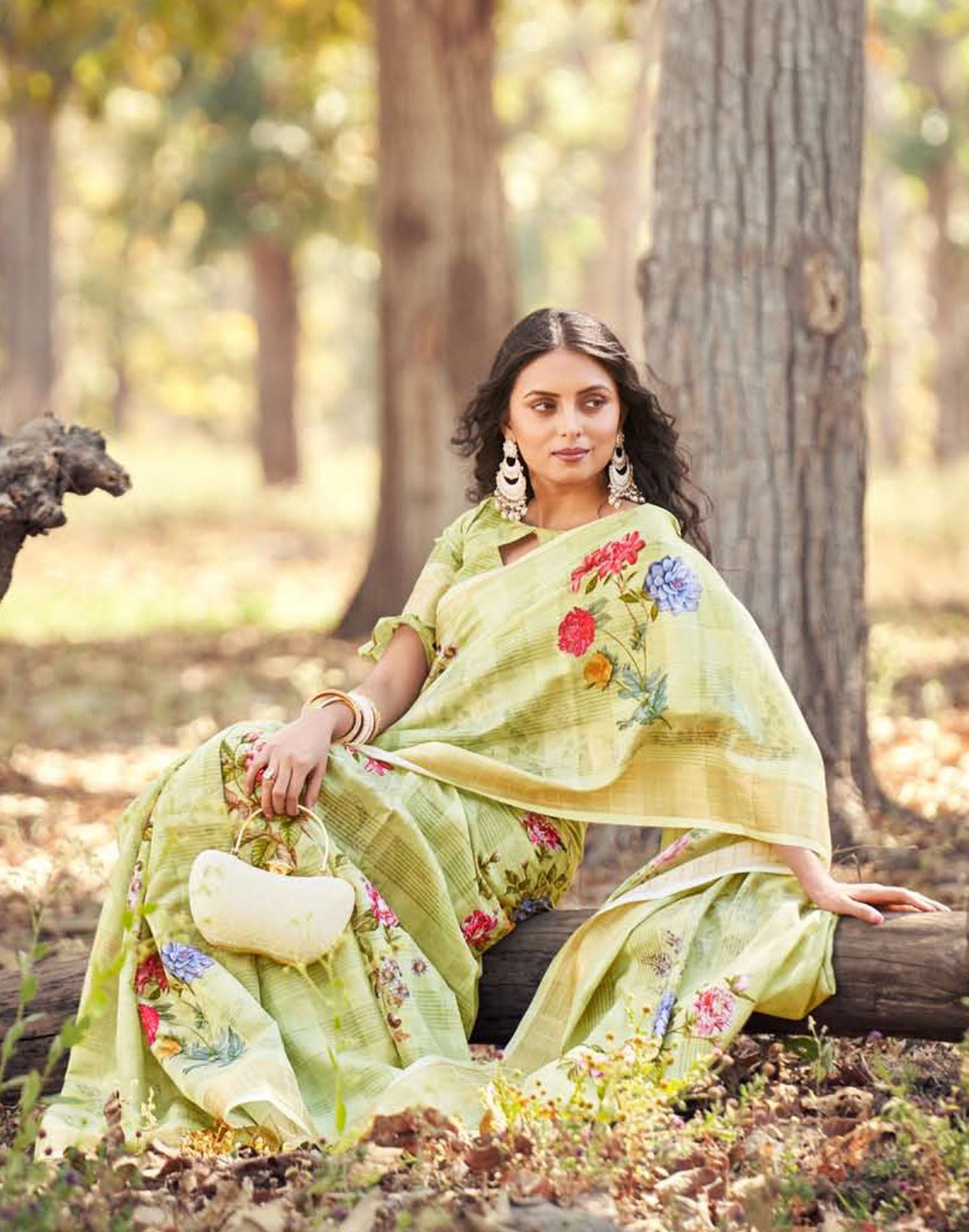 Green Cotton Digital Printed & Self Woven Saree With Tassel | Leemboodi