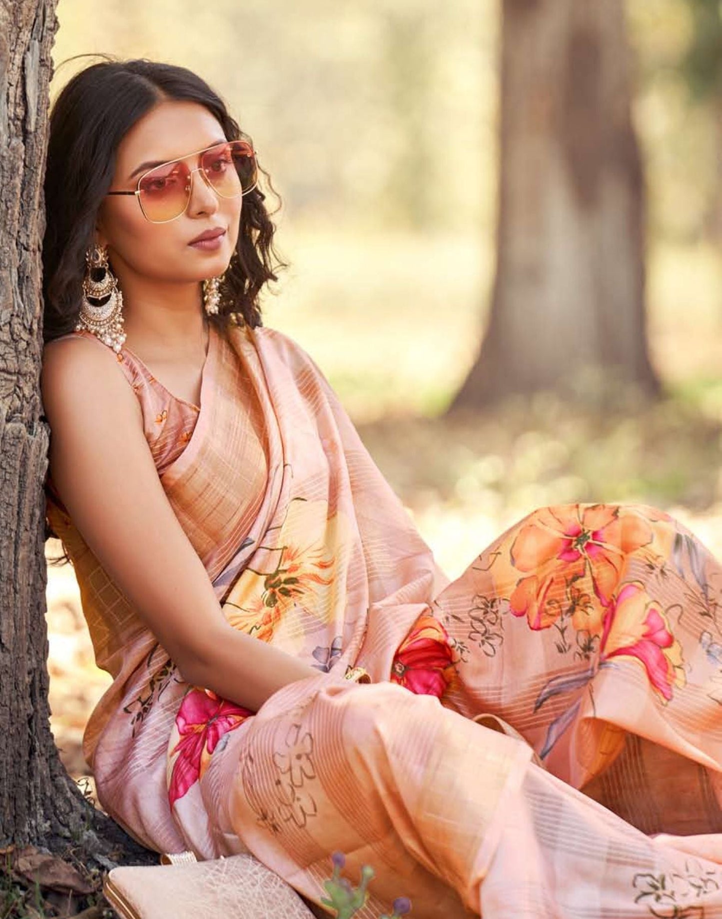 Light Brown Cotton Digital Printed & Self Woven Saree With Tassel | Leemboodi